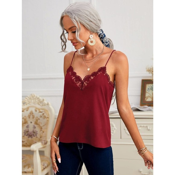 Embroidery Mesh v neck lace Cami tank Top black - Picture 4 of 11